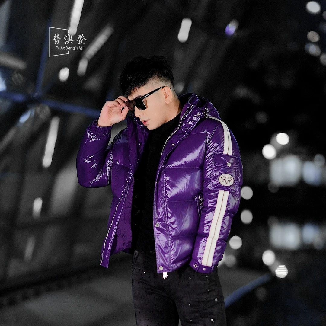 普澳登 冬季时尚潮流百搭休闲织带加厚保暖连帽男士羽绒服外套