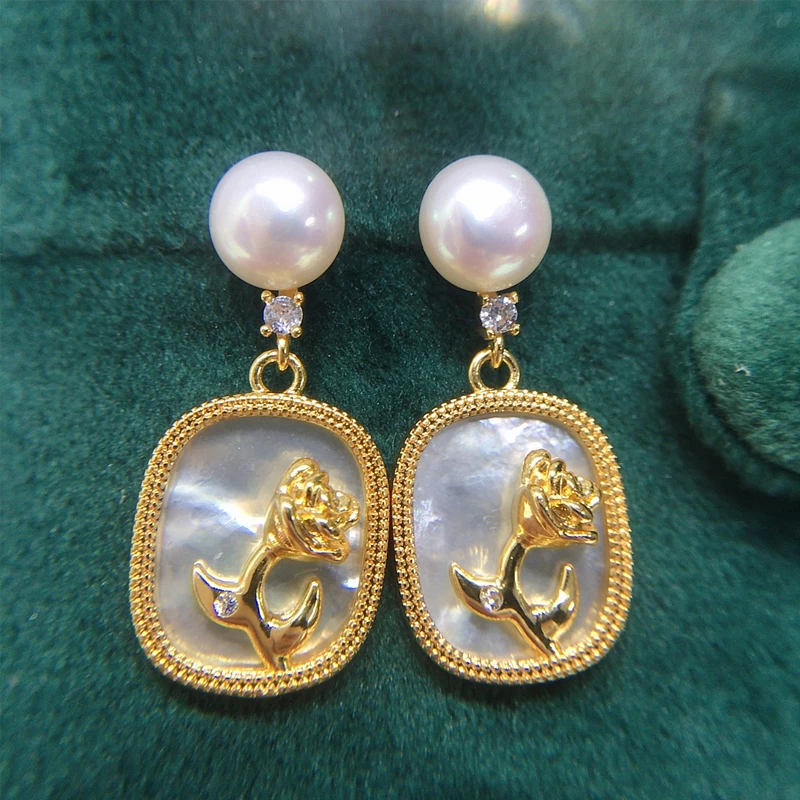 源产地诸暨天然淡水珍珠耳钉女复古海贝玫瑰花镶嵌耳环简约时尚