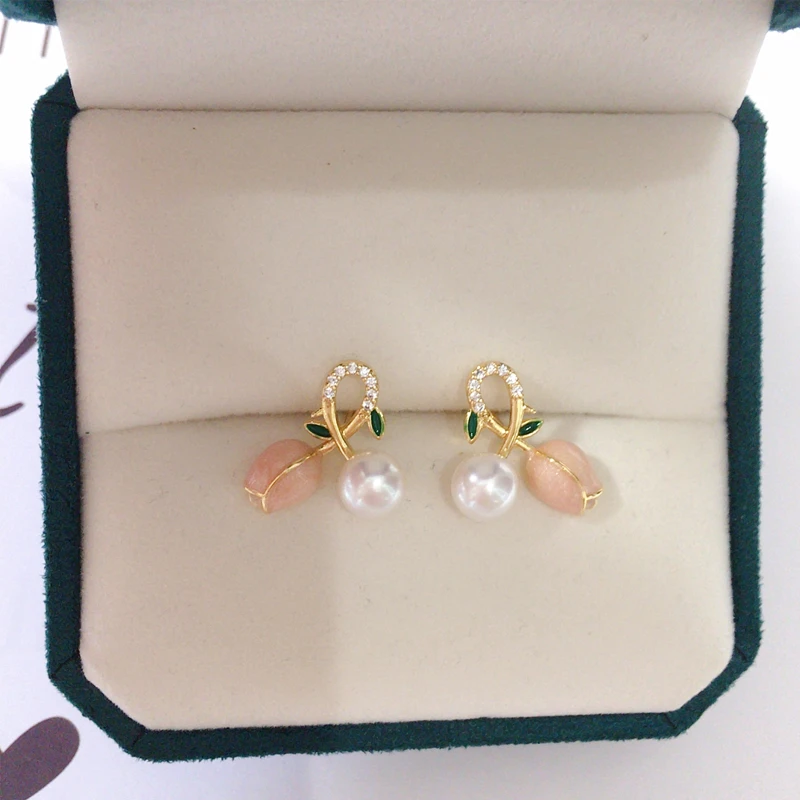 天然淡水珍珠耳环女包金粉色郁金香小清新耳钉时尚百搭法式简约
