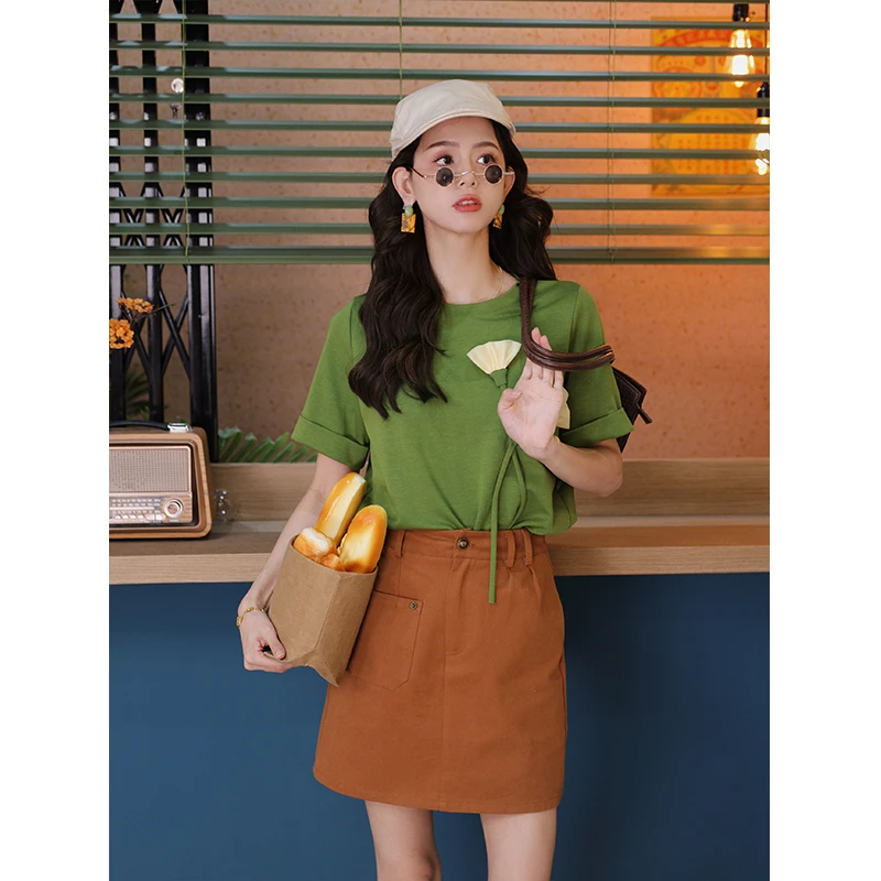 陈佳洁【清凉涟漪】港风复古纯色短袖T恤宽松百搭上衣JK0624297