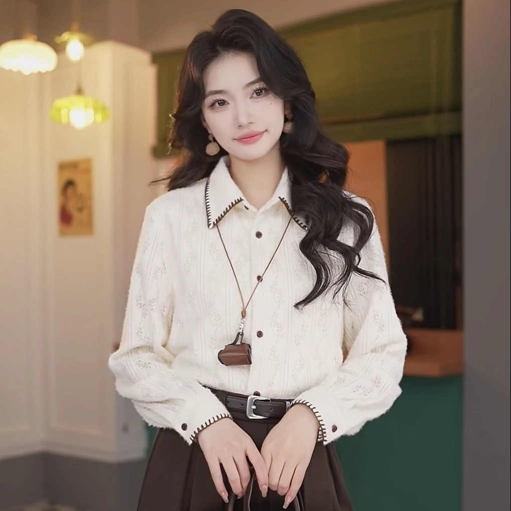 丁佳欣【霜如雪】港风复古肌理蕾丝百搭显瘦长袖搭衬衫JR3882114
