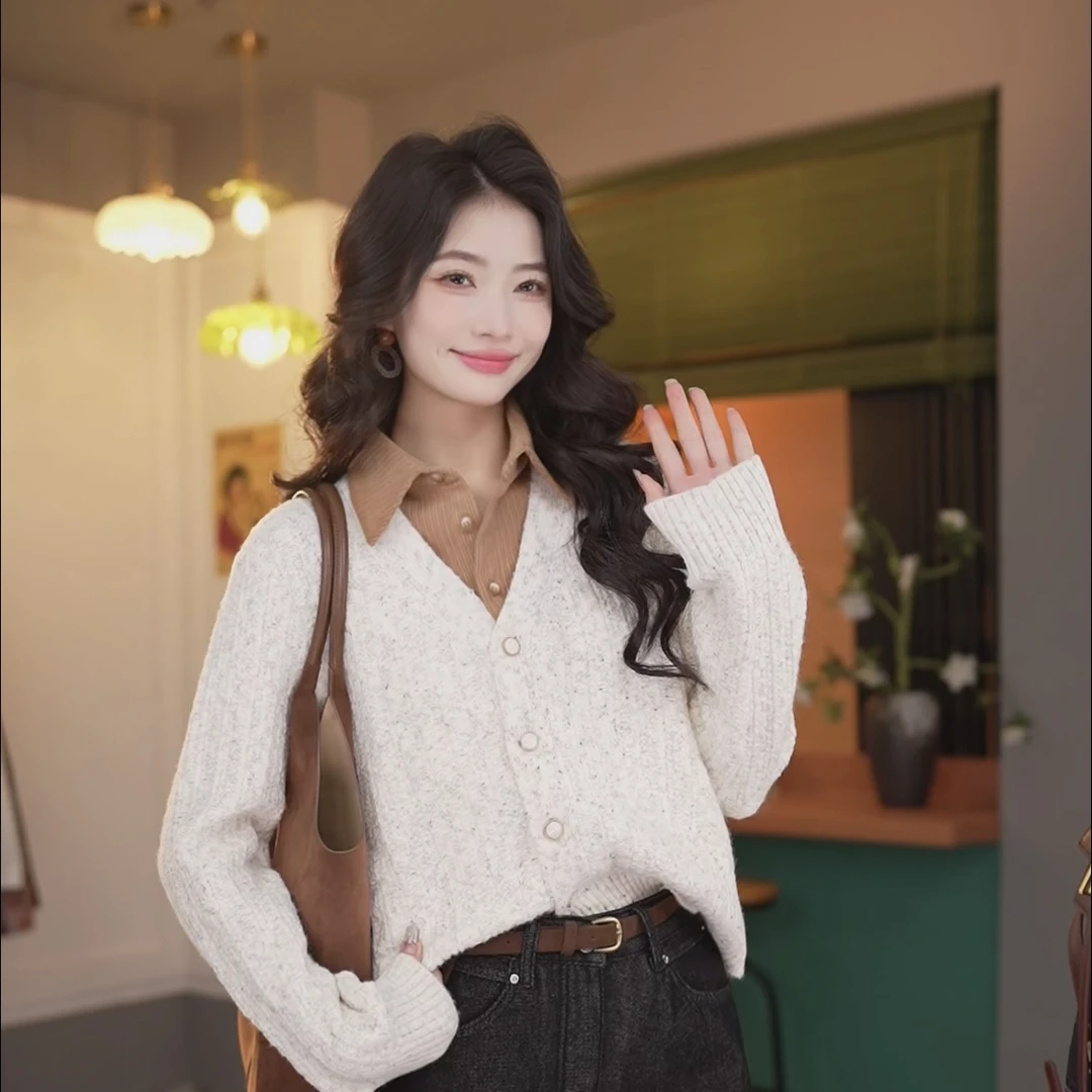 丁佳欣【香草拿铁】港风复古拼接假两件针织宽松毛衣上衣JS1114139