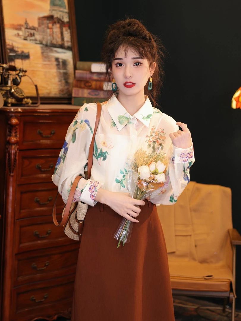 陈佳洁【白茶冰沙】港风复古花色长袖衬衫宽松显瘦上衣JSA626035