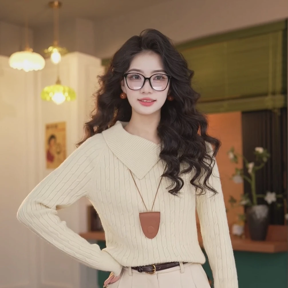 丁佳欣【茉莉雨】港风复古纯色长袖针织衫宽松上衣 JS1114070