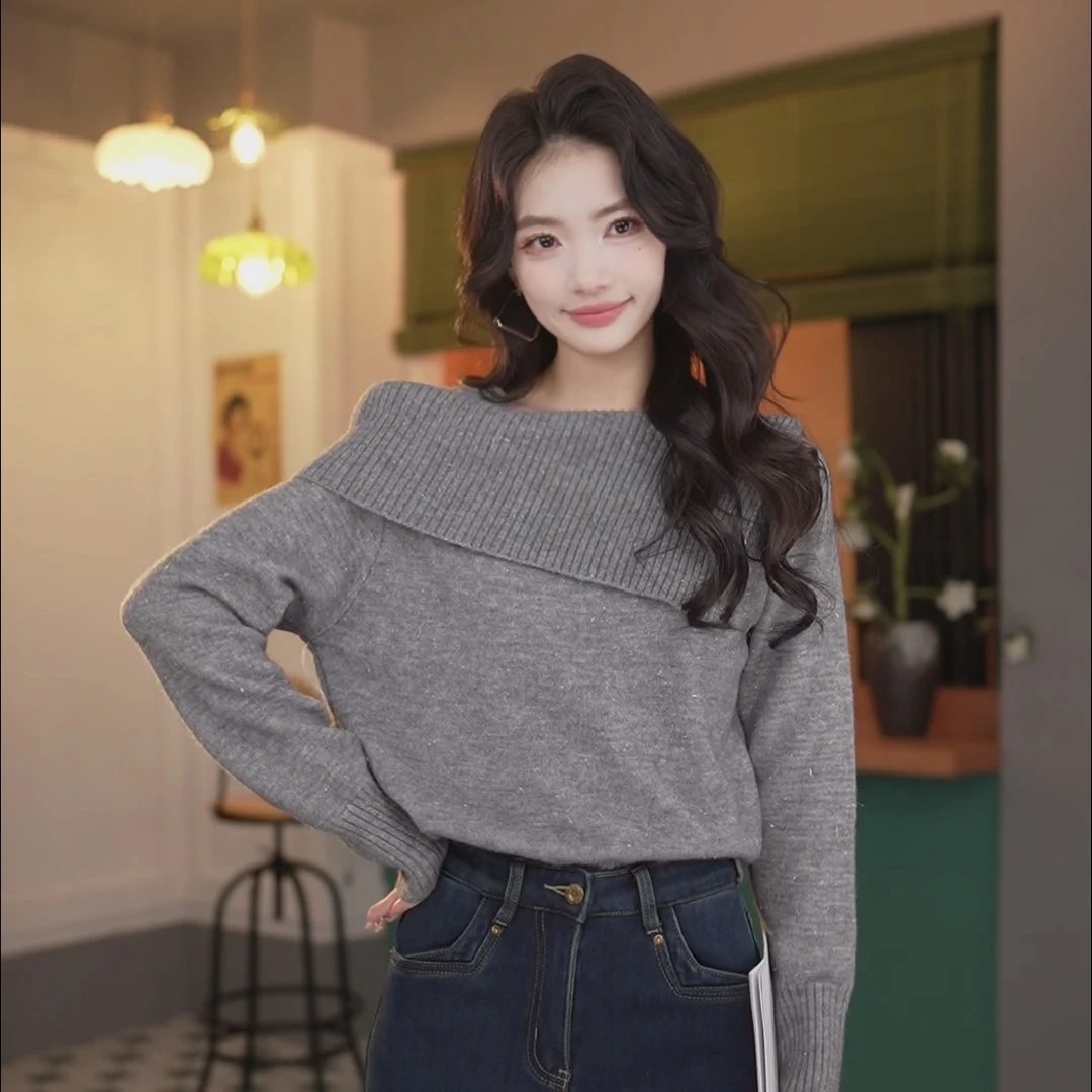 陈佳洁【白兰鸽】港风复古纯色针织宽松毛衣上衣JC1988265