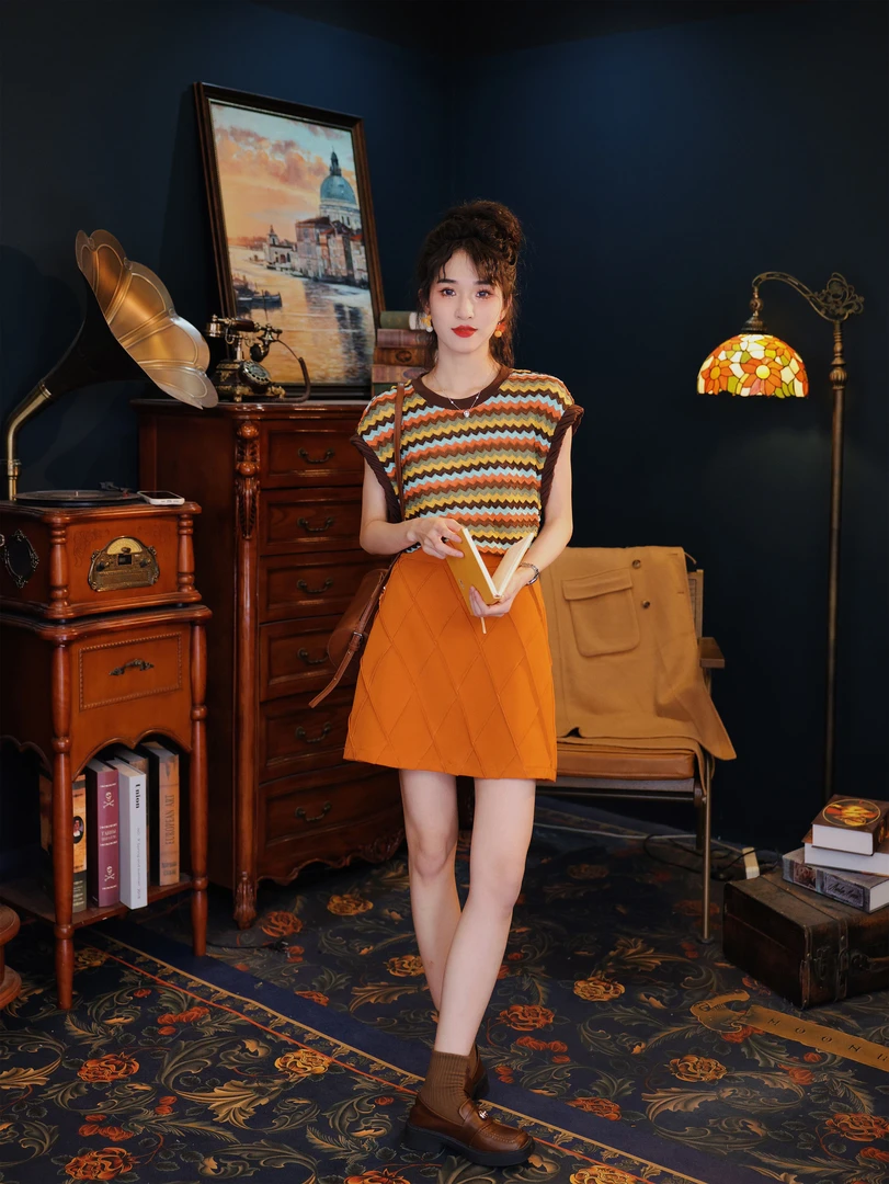 陈佳洁【遇见暮色】港风复古纯色高腰半身裙女百搭裙子JS062481