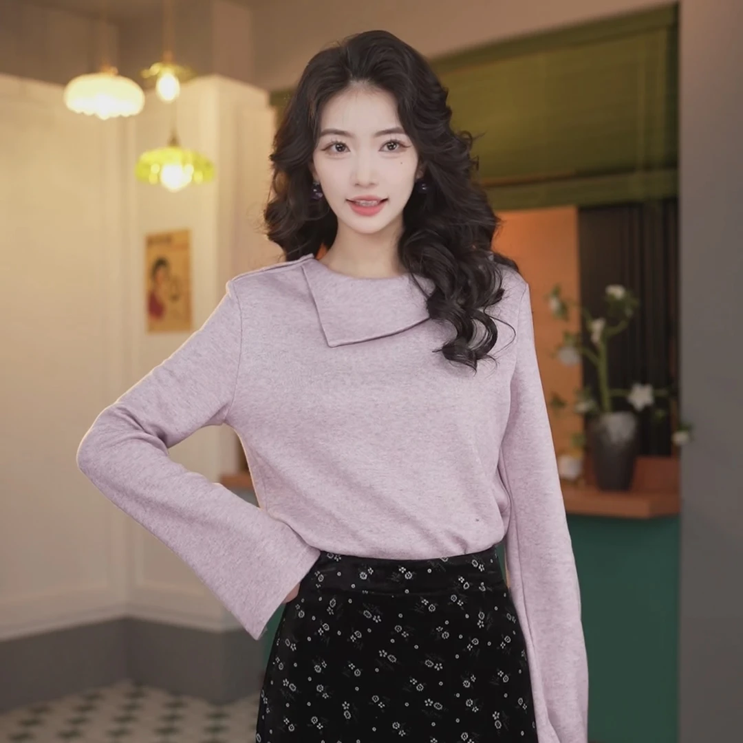 丁佳欣【紫罗兰】港风复古长袖女打底显瘦上衣JW2013031