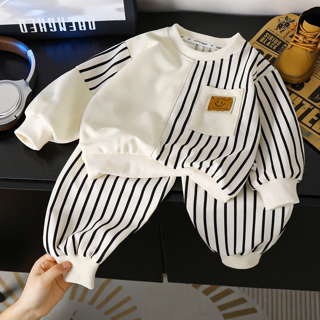 男女童2024套装春秋中小童休闲条纹韩版卫衣外套洋气运动两件套潮