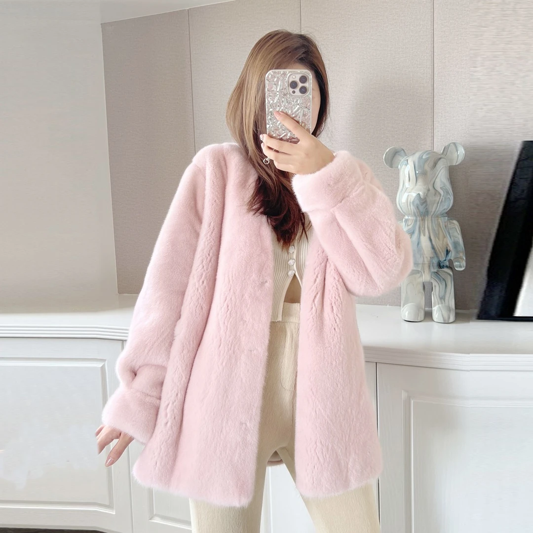 【薇伊】进口紫标天鹅绒级水貂皮草女整貂貂皮大衣V领外套中长款