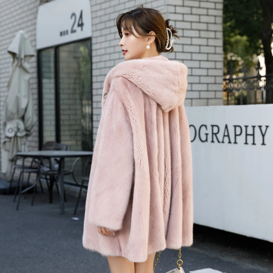 貂小妖进口天鹅绒级水貂毛整貂皮大衣女中长款修身带帽皮草外套
