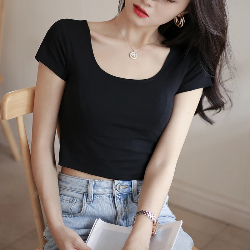 黑色上衣短款露脐t恤女短袖2025夏季新款u领紧身内搭外穿低领上衣