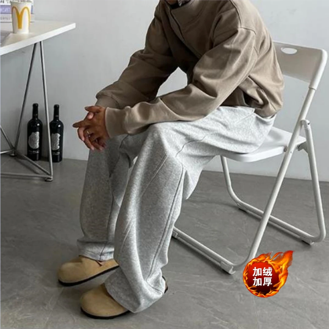 美式重磅高街弯刀裤男秋冬款加绒加厚休闲裤潮牌阔腿直筒网红卫裤