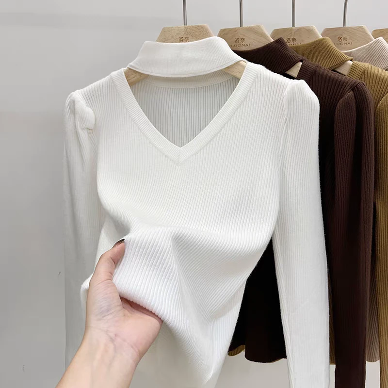围脖领前V领口泡泡袖时尚潮流休闲坑条品质毛衣女装上衣长袖