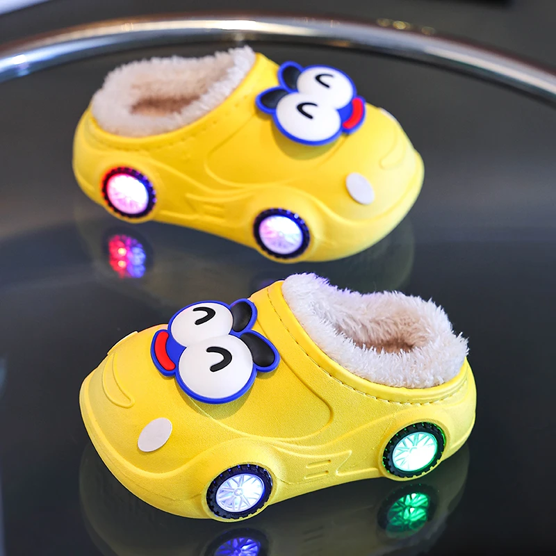 儿童棉拖鞋可爱卡通家居发光汽车宝宝男女孩亮灯加绒保暖加厚棉拖