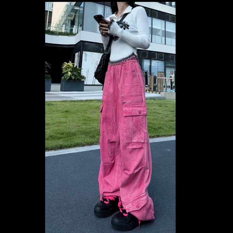 33666秋季新款重工多包直筒宽松松紧腰休闲工装裤抽绳脚口牛仔裤