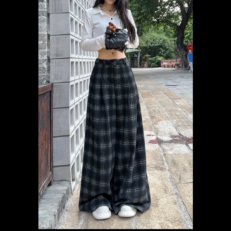 【清仓】93668格子呢料休闲裤女秋冬新款宽松遮肉高街百搭阔腿裤女