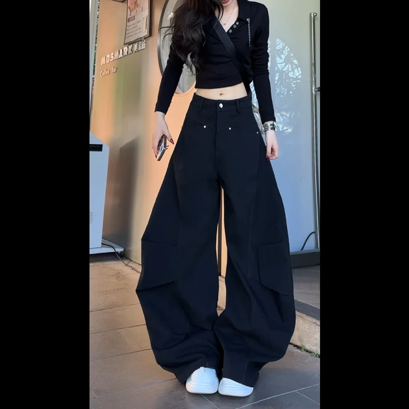 【现货】39010加厚结构设计弯刀裤女冬季新款宽松高街休闲牛仔裤女