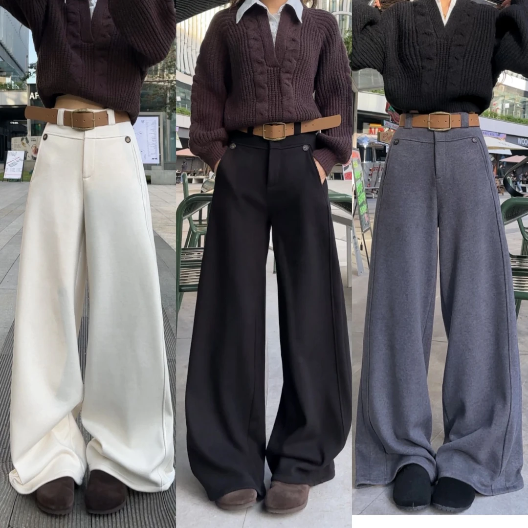 【清仓】20119软糯呢料加绒裤子女冬季新款纯色简约时尚阔腿休闲裤