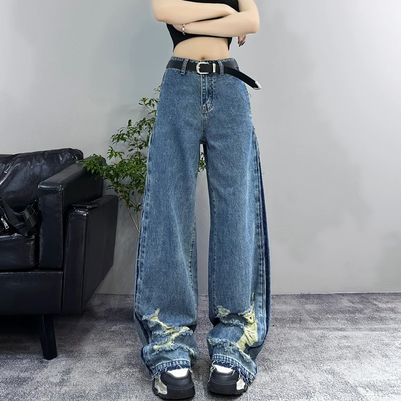 初八美哥22316潮牌2024年夏季新品破洞百搭休闲宽松显瘦牛仔裤女