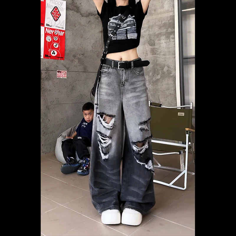 （初八清仓）31122冰丝渐变破洞牛仔裤街头直筒高腰宽松嘻哈休闲