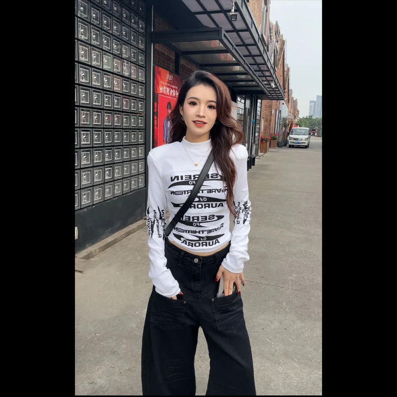 现货 98039加厚印花打底衫2025年中领长袖百搭高街休闲修身T恤女