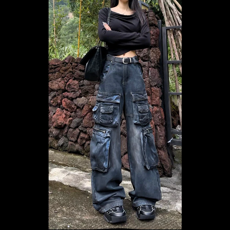 【现货】66335工装牛仔裤女2025新款春高街直筒街头多口袋工装裤