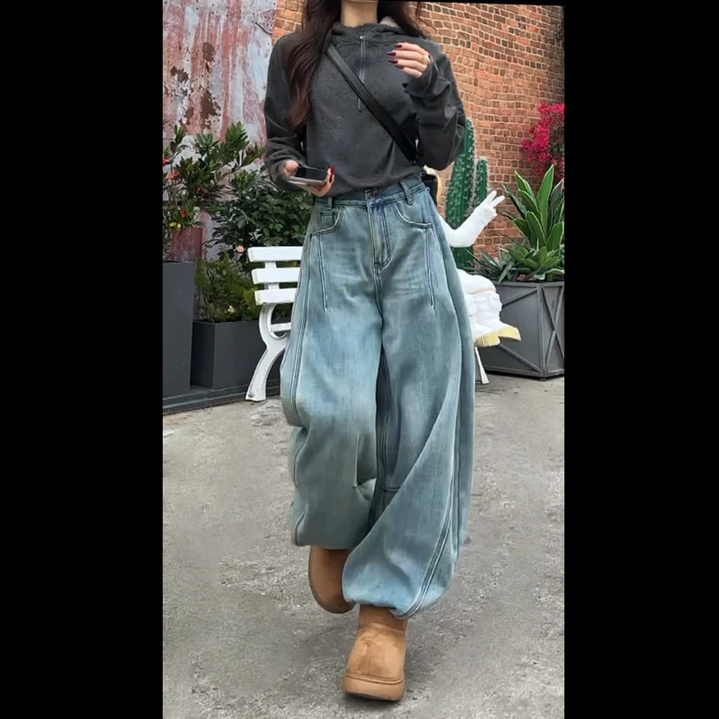 99622加绒牛仔镰刀裤女2024年冬季新款复古百搭纯色显瘦休闲裤女