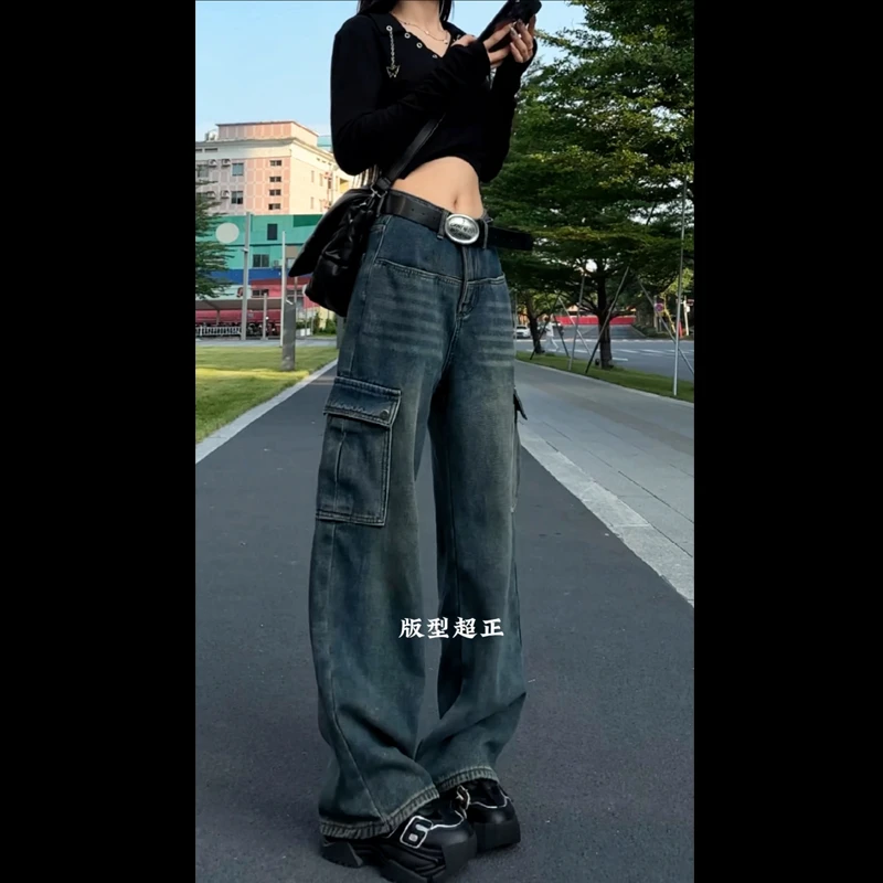 10201牛仔裤女2025年冬季新款时尚直筒显瘦大口袋裤子女加厚加绒