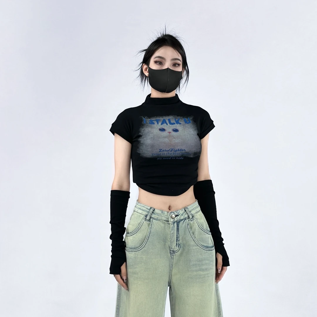 初八美哥31936潮牌2024年秋季印花袖套休闲百搭辣妹休闲T恤上衣