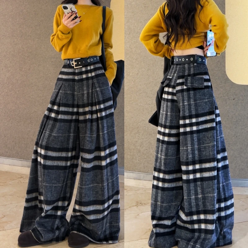 【现货】36016双面呢格子阔腿裤2025冬季新款宽松高街大裤脚休闲裤