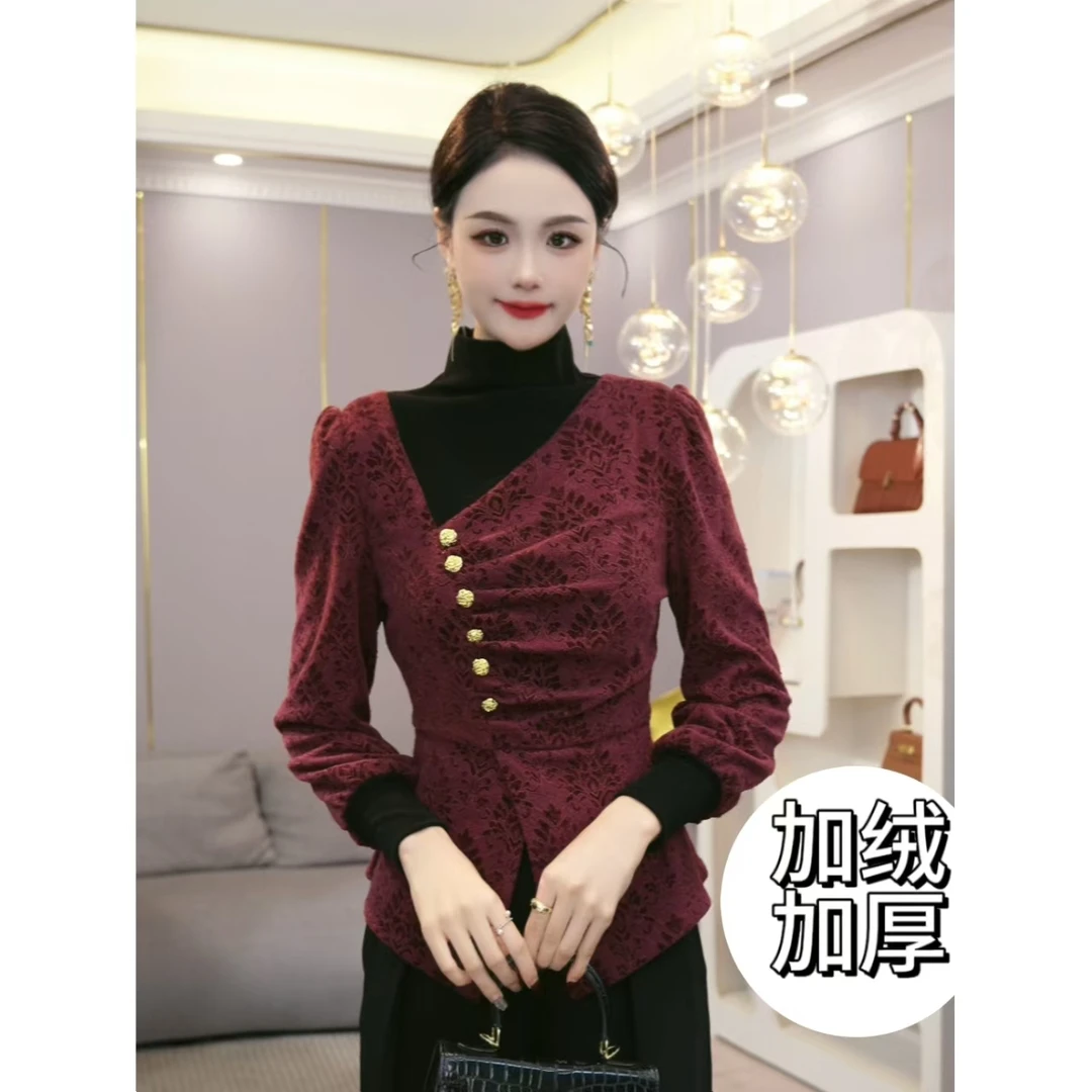 唐熹2024年秋冬新款【H-D260】加绒加厚气质蕾丝时尚植绒衬衫上衣