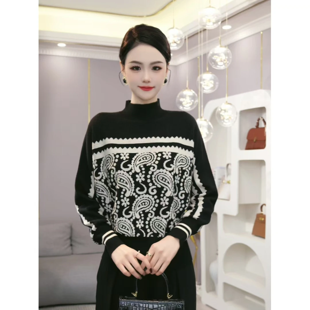 2025秋冬新款【LT-D936】含绵羊毛气质宽松黑白色花纹针织衫毛衣女