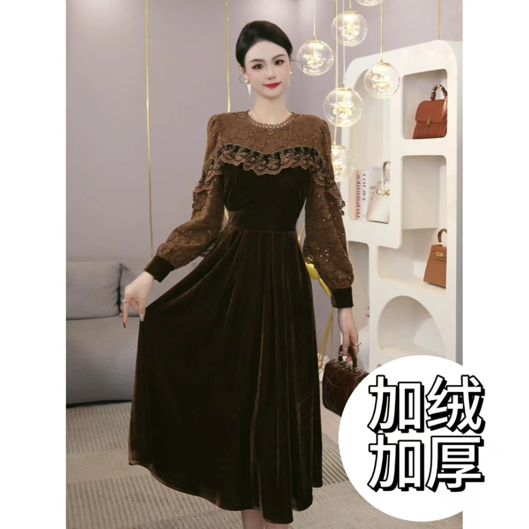 2026年秋冬季新款【H-D272】小众气质高级感咖色丝绒长袖连衣裙
