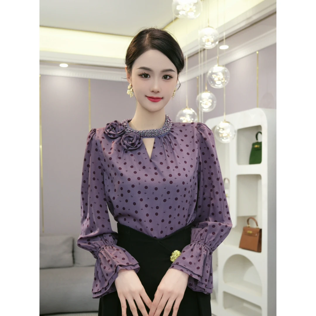 唐熹现货2025早秋新款【5723】气质减龄时尚气质紫色缎面长袖衬衫女