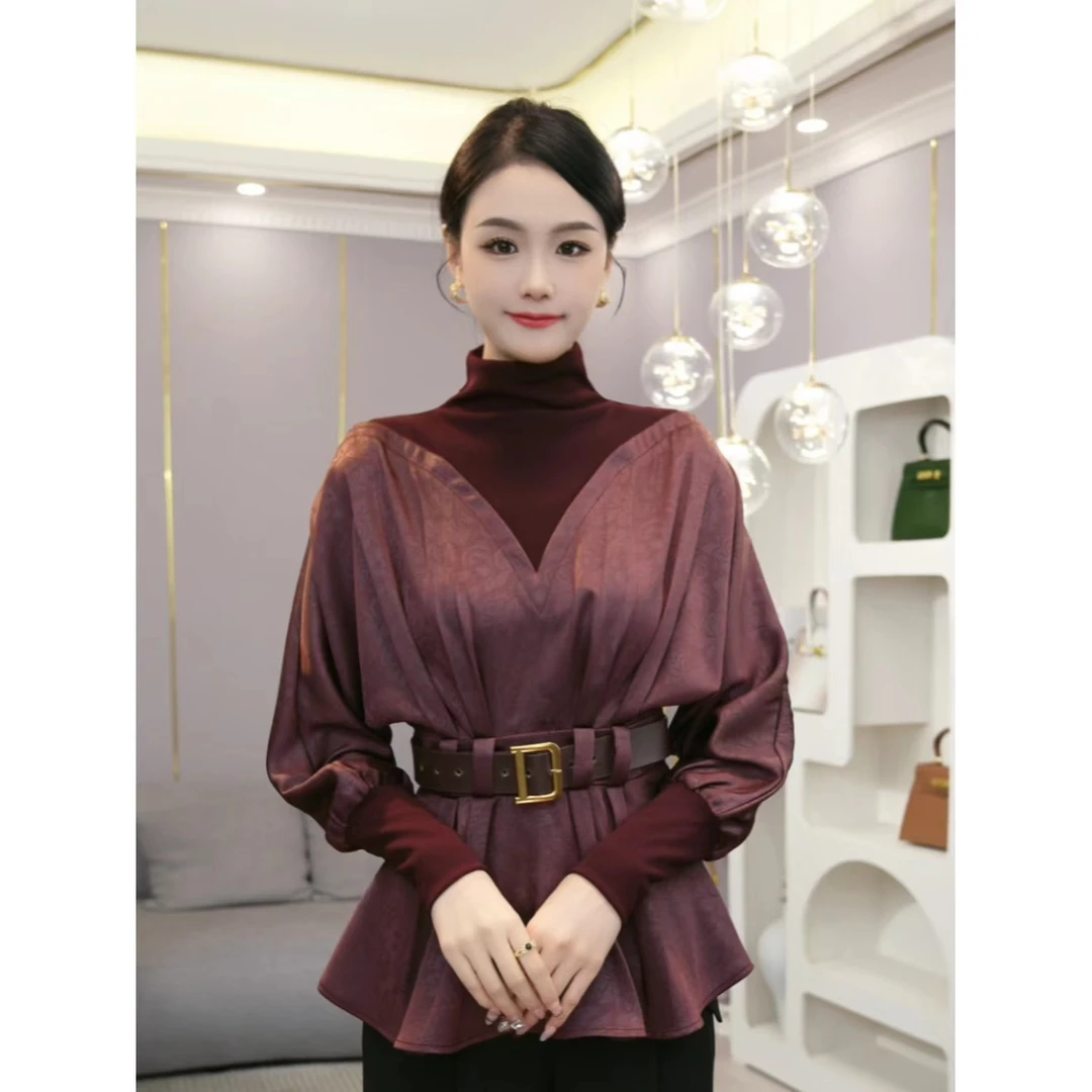 唐熹2024秋冬新款【H24-Q191】时尚设计假两件带腰带衬衫上衣女