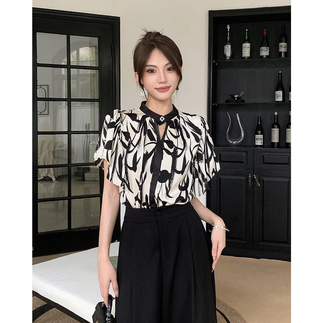 现货2025夏季新款【DD-85】气质轻奢小众时尚印花显瘦洋气衬衫上衣
