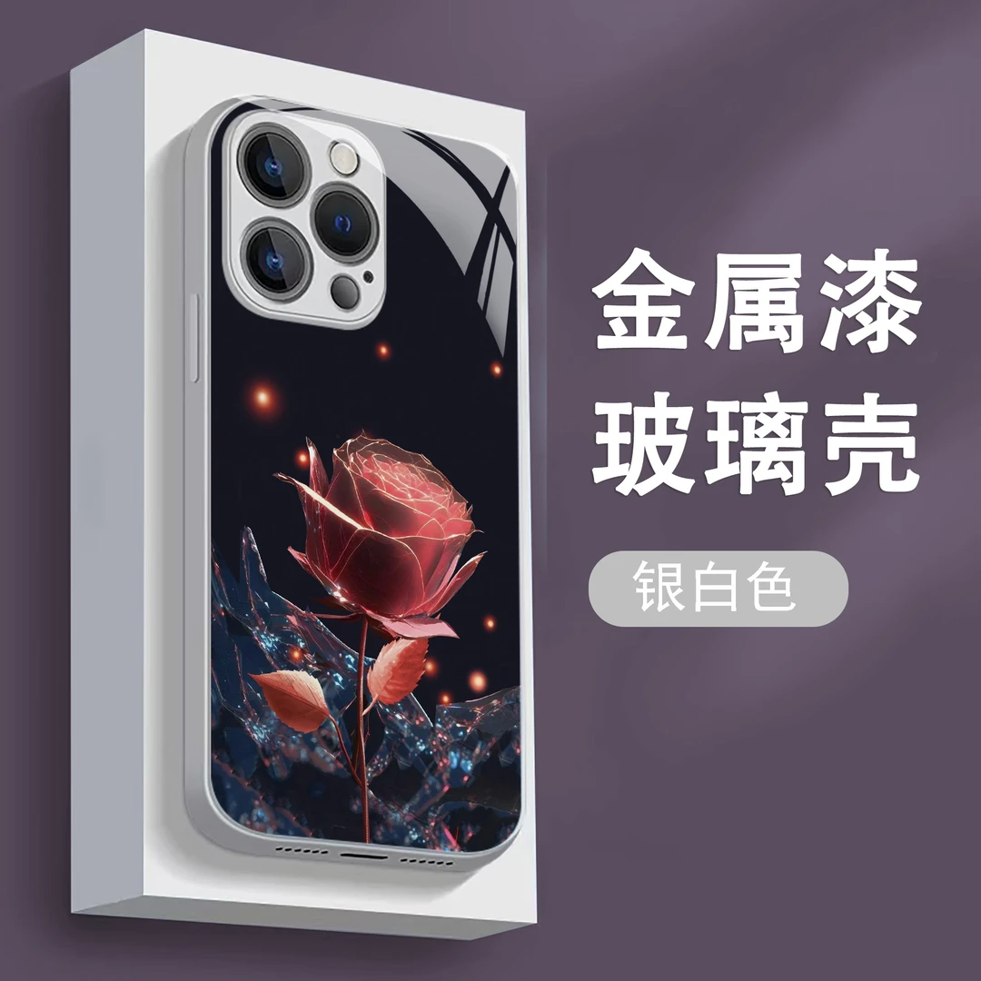 适用于苹果/华为/小米/oppo/vivo时尚女款高颜值玫瑰花玻璃手机壳