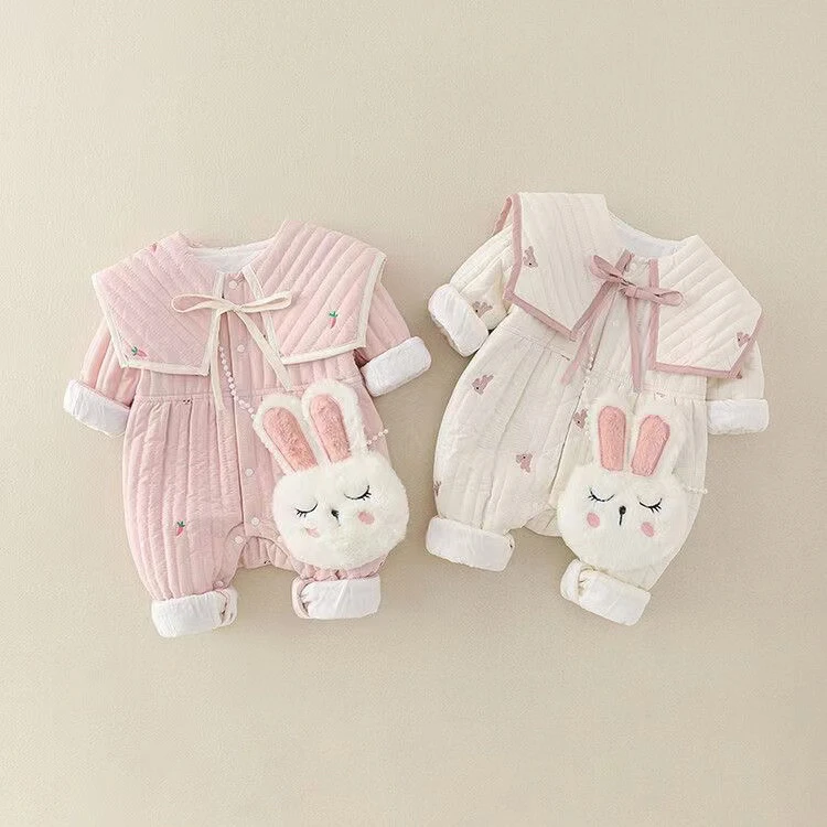 婴儿秋冬装夹棉加绒轻薄哈衣可爱保暖连体衣外出服连体衣