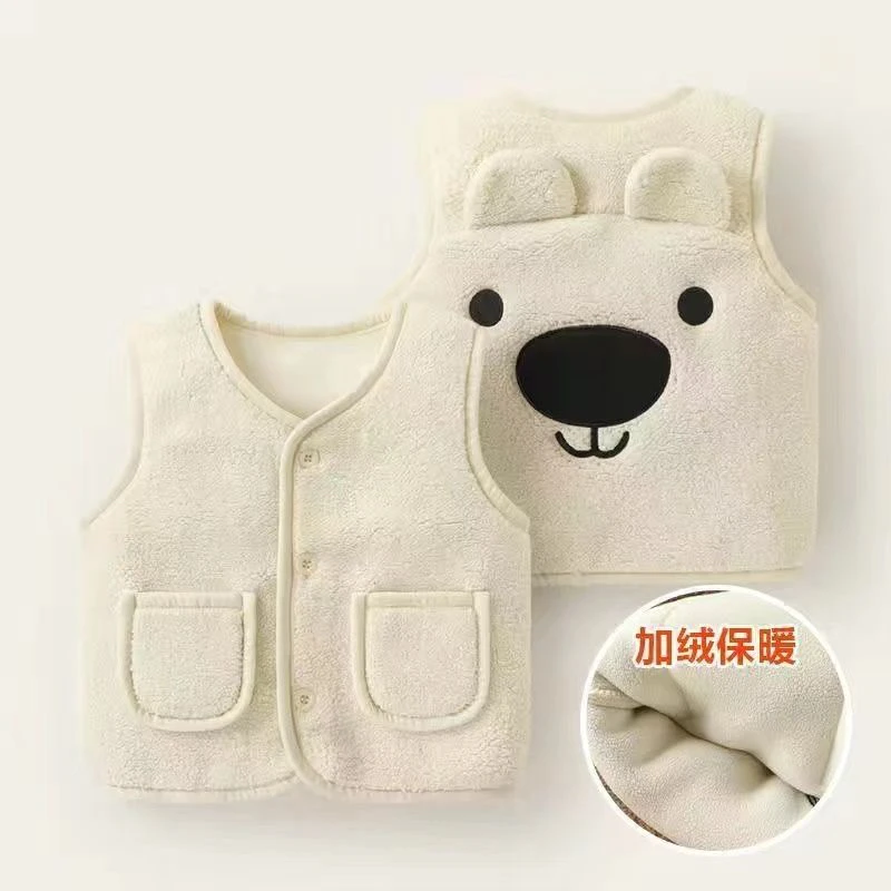 秋冬款新款加绒双兜萌趣小熊马甲外套宝宝衣服婴儿幼儿衣服童装