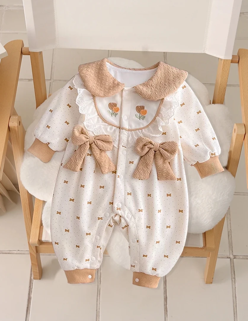 婴儿秋装女宝宝衣服春秋洋气蝴蝶结韩版哈衣婴幼儿秋季双层连体衣