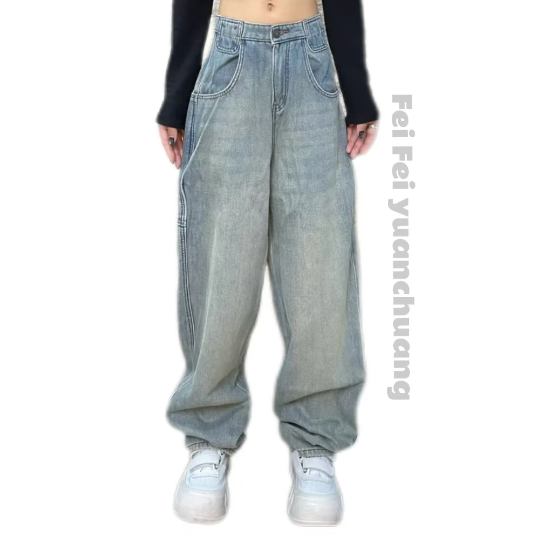 加绒·B788-2 冬季新款百搭小众高街透气美式水洗拼接显瘦阔腿裤