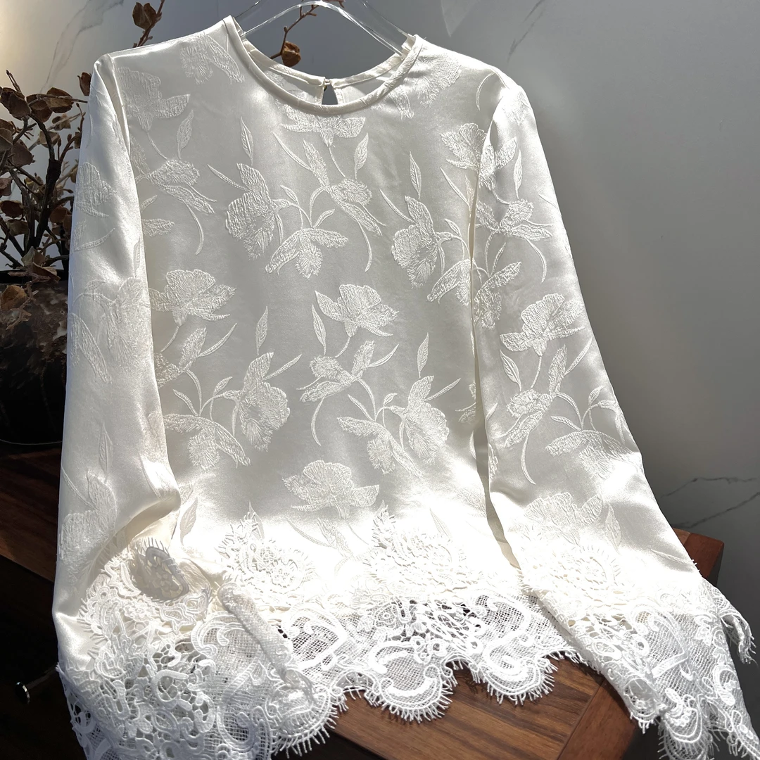 2店【未时梦】 绿豆 新中式中国风秋冬百搭圆领长袖蕾丝内搭上衣