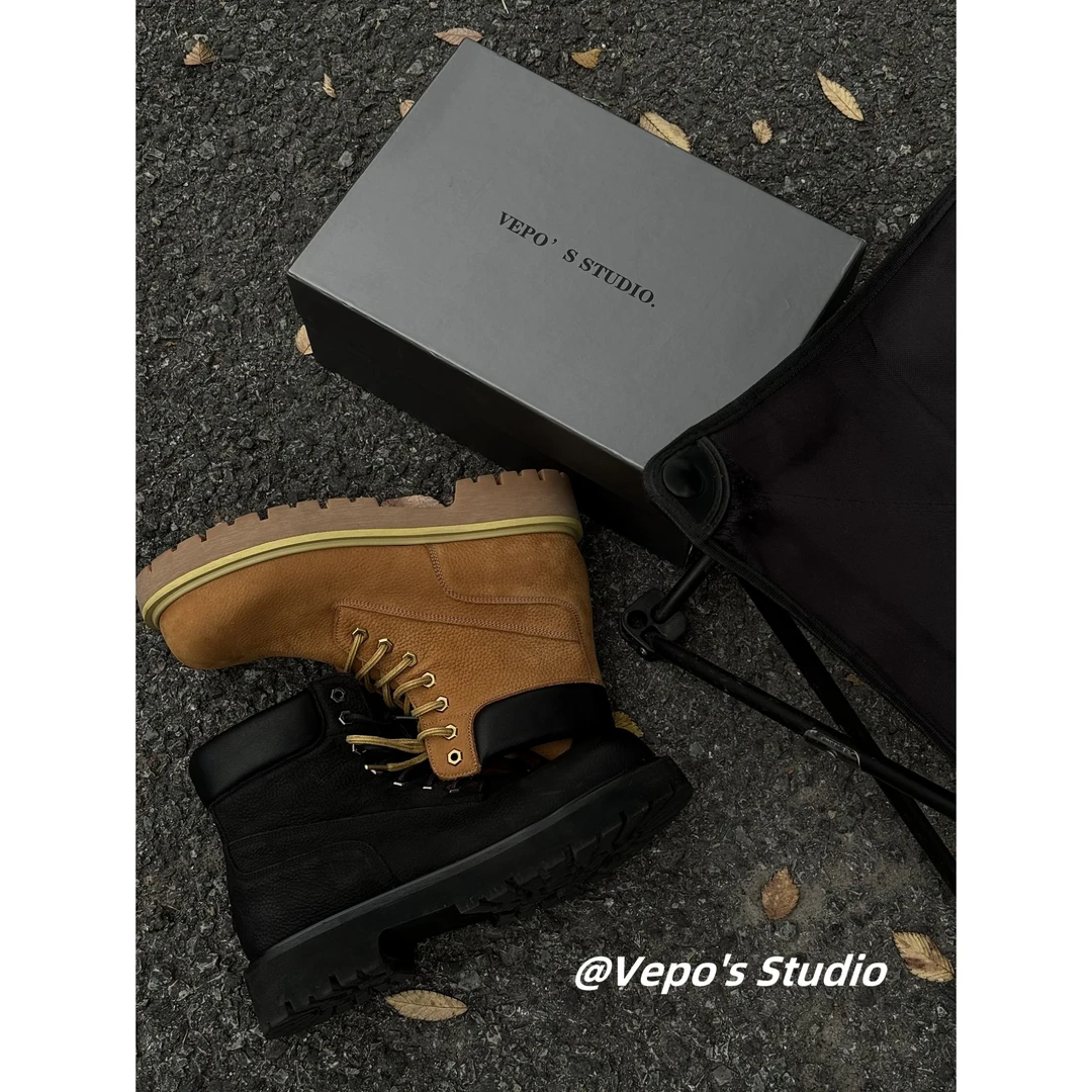 【李玮柏专属】大黄靴荔面皮头牛皮耐磨防水厚底缓震增高防滑马丁靴