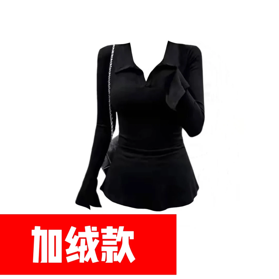 【加绒款】韩系辣妹垫肩喇叭袖polo领长袖上衣