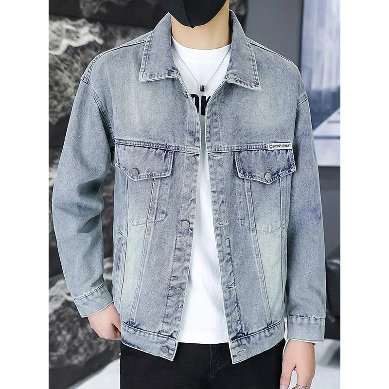 休闲牛仔外套男士春季新款青年潮流复古高街痞帅翻领工装夹克男