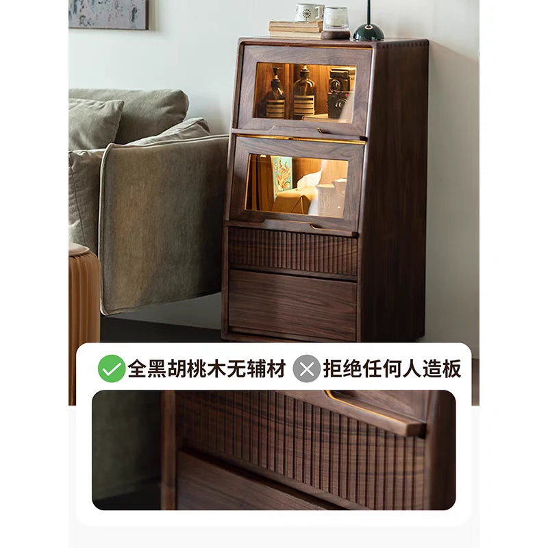 北美黑胡桃木实木边柜简约时尚沙发立柜斗柜翻盖玻璃门柜客厅家具