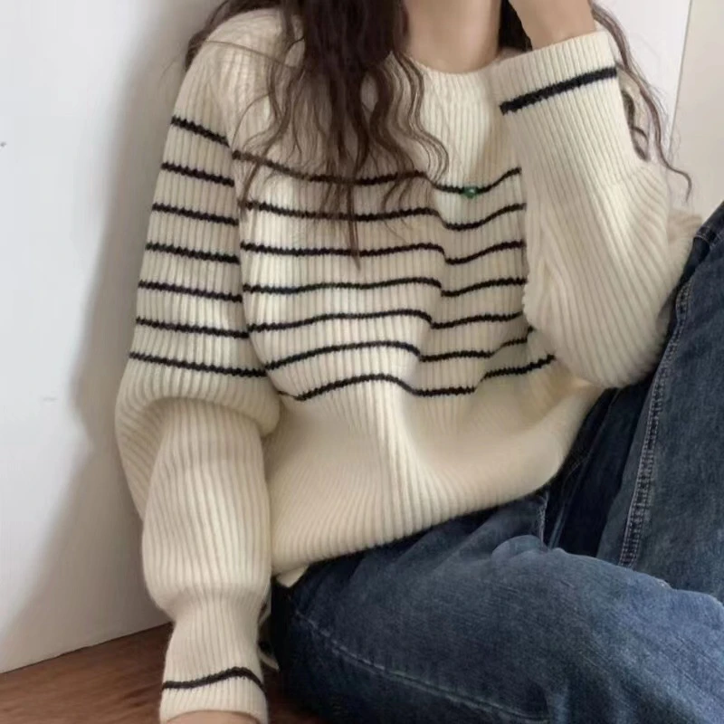 韩版慵懒风条纹套头毛衣女宽松大码羊毛针织衫秋冬新款羊毛打底衫