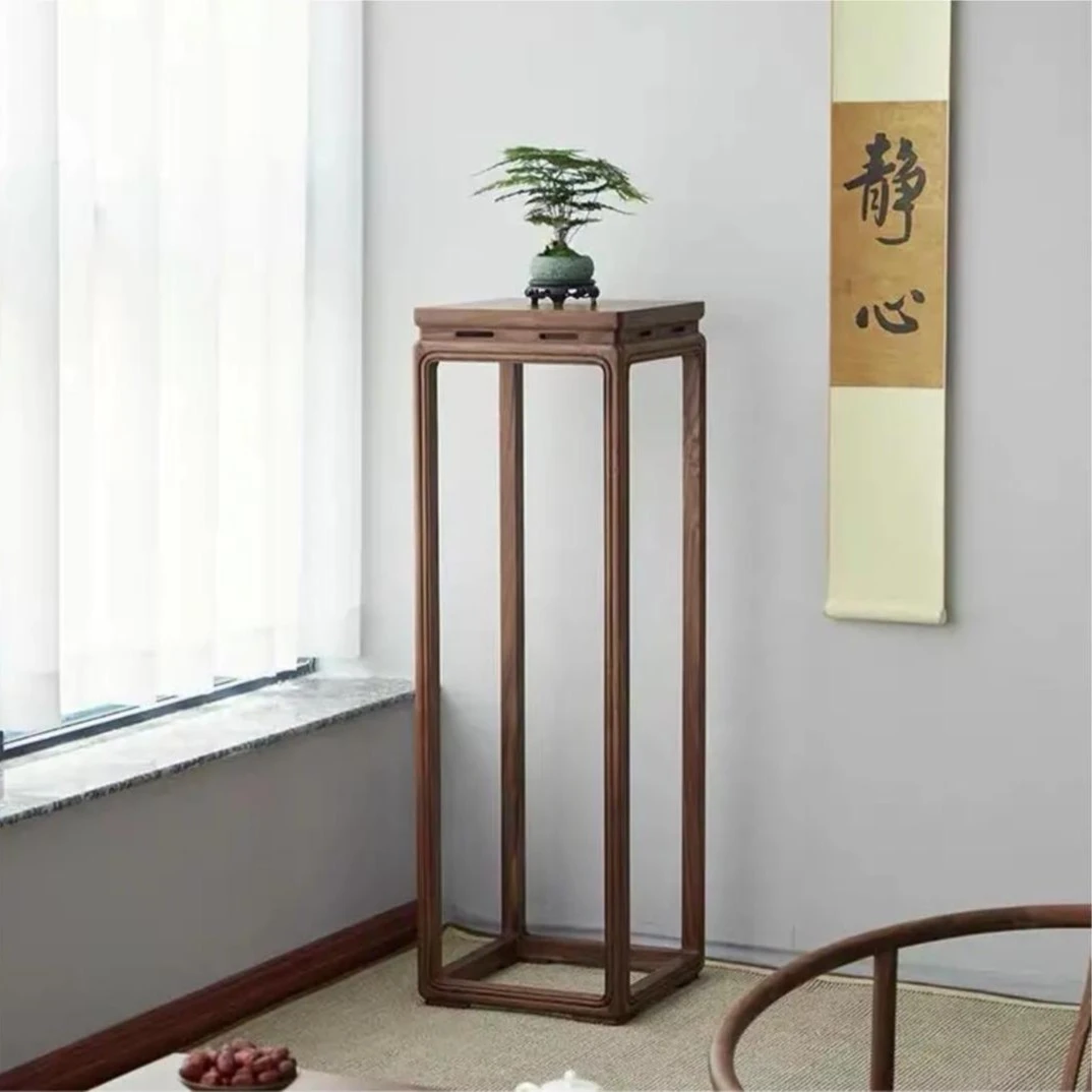 新中式黑胡桃木花架实木花几客厅家具装饰边几简约高架子