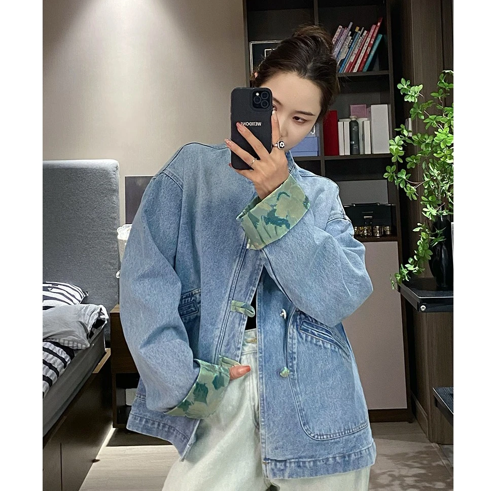 春秋季新款高级感新中式轻国风盘扣牛仔外套女短款老钱风漂亮上衣