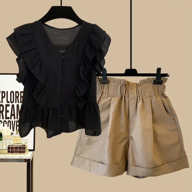 2023夏季新款黑色v领无袖衬衫时尚百搭短裤娃娃衫女荷叶边洋气